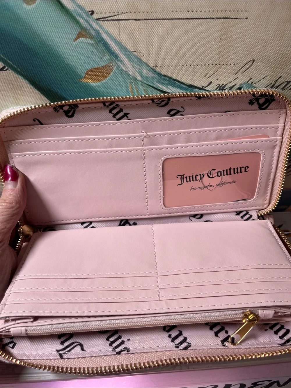 Juicy Couture Pink and Frosty Green Embroidered Chain zip wallet